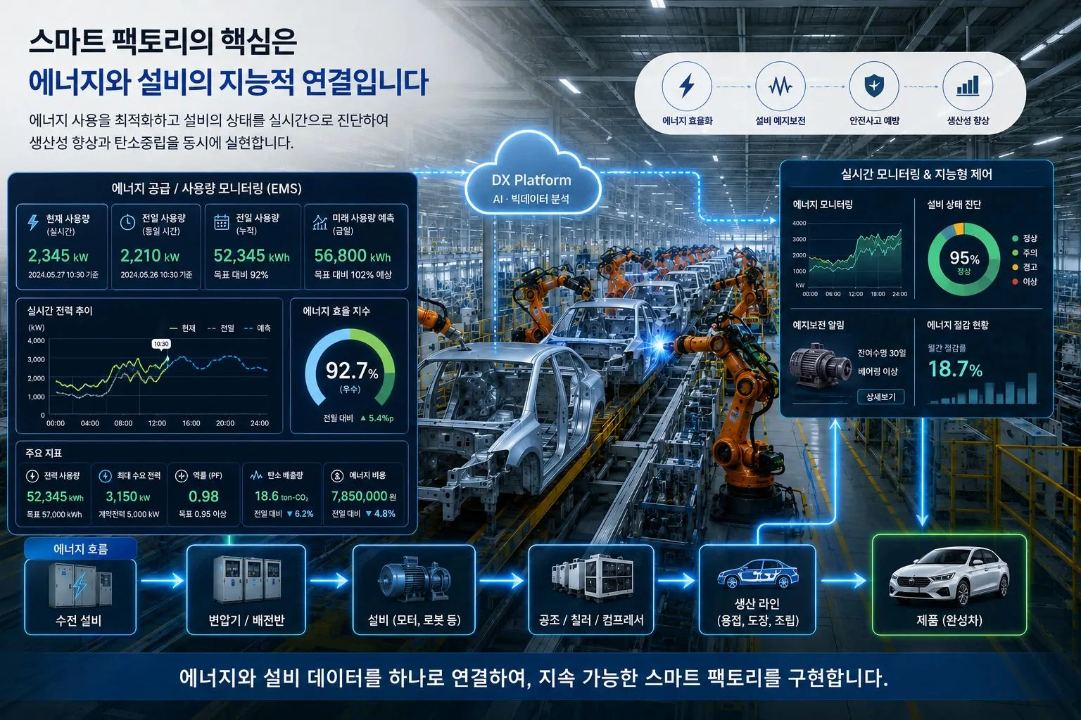 스마트팩토리 개념도 — 에너지 사용 최적화와 설비 상태 실시간 진단으로 생산성 향상과 탄소중립을 실현하는 AI EMS 구성